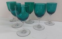 Amazing Set of Six Antique Hand-Blown Bristol Green Sherry Glasses, Stunning Teal Green Bowls with Clear Stems, circa 1890, Capacity 80mls