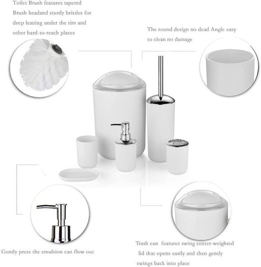 6 Pieces | Bathroom Accessories Set | Plastic Bathroom Accessories | Toothbrush Holder, Rinse Cup, Soap Dish, Hand Sanitizer Bottle, Waste Bin, Toilet Brush with Holder | White