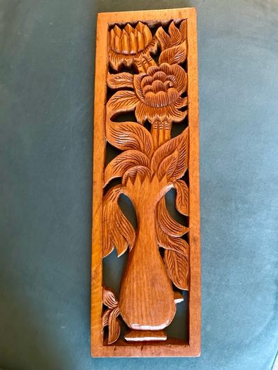 Hand Carved Long Balinese Wooden Sunflower Floral Relief Wall Art Decor Panel