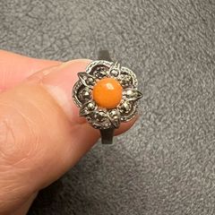 Vintage art deco Silver and angel skin coral ring