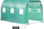 Walk-in polytunnel Greenhouse, 12 x 7 x 7 ft Portable Plant Hot House w/ Galvanized Steel Hoops, 1 Top Beams, 2 Diagonal Poles, 2 Zippered Doors &amp; 6 Roll-up Windows, Green