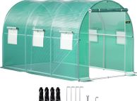 main image for ad Walk-in polytunnel Greenhouse, 12 x 7 x 7 ft Portable Plant Hot House w/ Galvanized Steel Hoops, 1 Top Beams, 2 Diagonal Poles, 2 Zippered Doors &amp; 6 Roll-up Windows, Green
