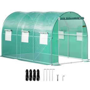 Walk-in polytunnel Greenhouse, 12 x 7 x 7 ft Portable Plant Hot House w/ Galvanized Steel Hoops, 1 Top Beams, 2 Diagonal Poles, 2 Zippered Doors & 6 Roll-up Windows, Green