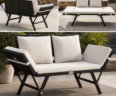 Polyrattan Garden Bench with Reclining Function Cushion Adjustable Armrests Weatherproof Outdoor Garden Patio Balcony Sofa Couch Lounger