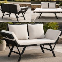 Polyrattan Garden Bench with Reclining Function Cushion Adjustable Armrests Weatherproof Outdoor Garden Patio Balcony Sofa Couch Lounger