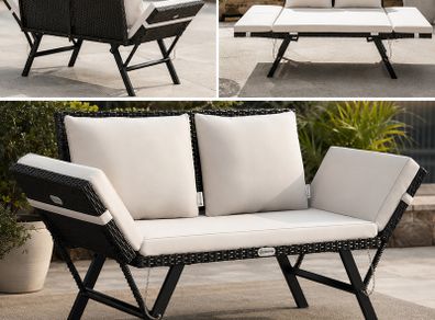 Polyrattan Garden Bench with Reclining Function Cushion Adjustable Armrests Weatherproof Outdoor Garden Patio Balcony Sofa Couch Lounger