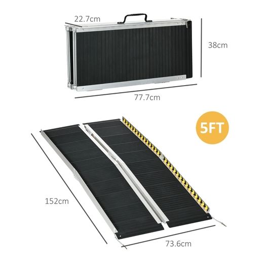Wheelchair Ramp, 152L x 73Wcm, 272KG Capacity, Folding Aluminium Threshold Ramp with Non-Skid Surface, Transition Plates Above and Below for Home, Steps, Stairs, Curbs, Doorways