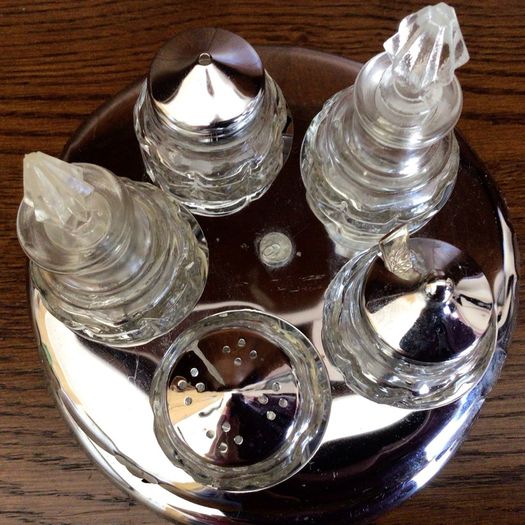 Vintage Condiment Creut Set Glass And Stainless Steel  Complete Vgc