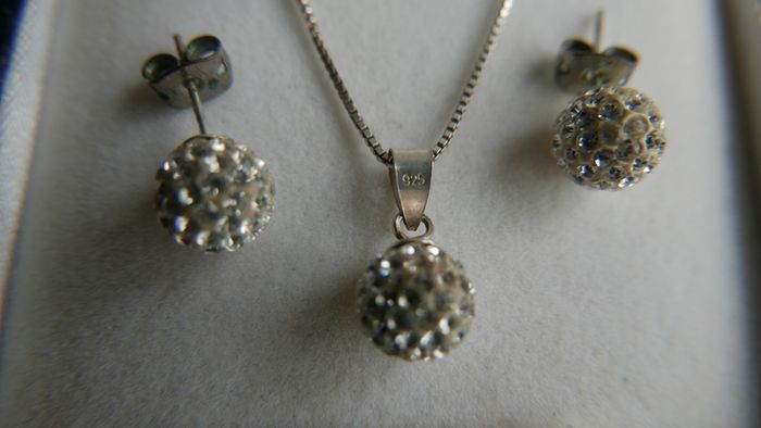 925 Sterling Silver Shamballa Style Crystal Disco Ball Earrings Pendant + Necklace Set