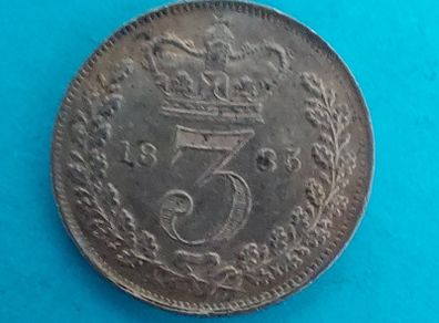 England VICTORIA 1885 THREE PENCE Very Fine condition