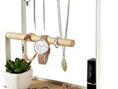 Jewelry Stand Holder, Multi Tier Necklace Hanging Wooden Ring Organizer Earring Tray, 8 Hooks Storage Necklaces, Bracelets, Rings and Watches on Desk Tabletop