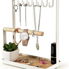 Jewelry Stand Holder, Multi Tier Necklace Hanging Wooden Ring Organizer Earring Tray, 8 Hooks Storage Necklaces, Bracelets, Rings and Watches on Desk Tabletop