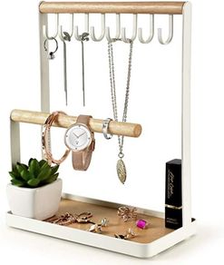 Jewelry Stand Holder, Multi Tier Necklace Hanging Wooden Ring Organizer Earring Tray, 8 Hooks Storage Necklaces, Bracelets, Rings and Watches on Desk Tabletop