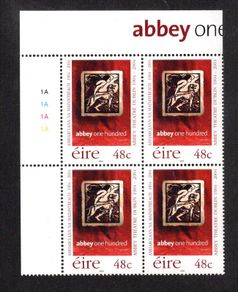 2004 Ireland Centenary of the Abbey Theatre Commemorative Stamp Plate Block 1A1A1A1A Mint Never Hinged (MNH)