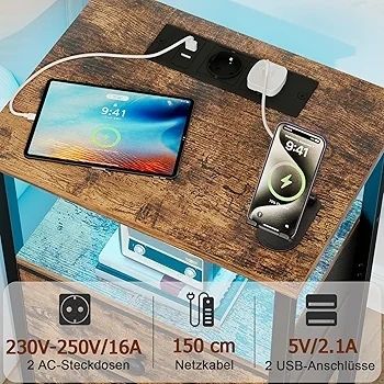 Bedside Table Set of 2 with Charging Station, Small Side Table with LED Light, Nightstand with 2 Fabric Drawers and Open Storage Shelf, Bedside Cabinets for Living Room, Brown