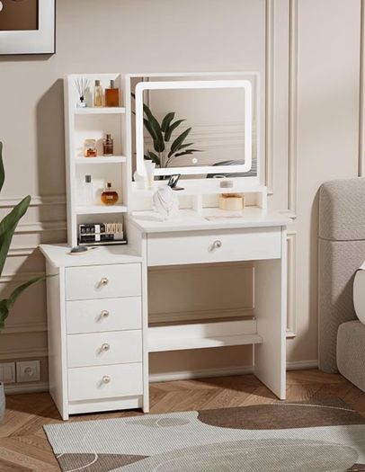 Dressing Table with LED Mirror and Adjustable Lights, 90cm White Vanity Desk