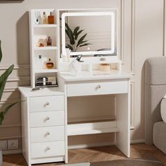 Dressing Table with LED Mirror and Adjustable Lights, 90cm White Vanity Desk
