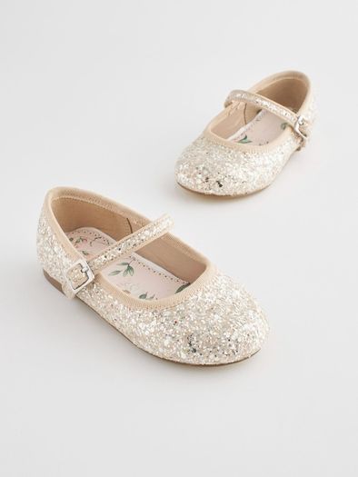 Next Ivory Glitter Wide Fit (G) Flower Girl Occasion Mary Jane Shoes Size UK3 EU19