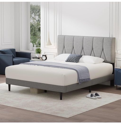 King Bed Frame, Light Grey, Upholstered Wooden Slat Bed Frame with Headboard