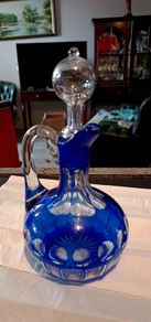 Blue hand cut crystal jug with stopper