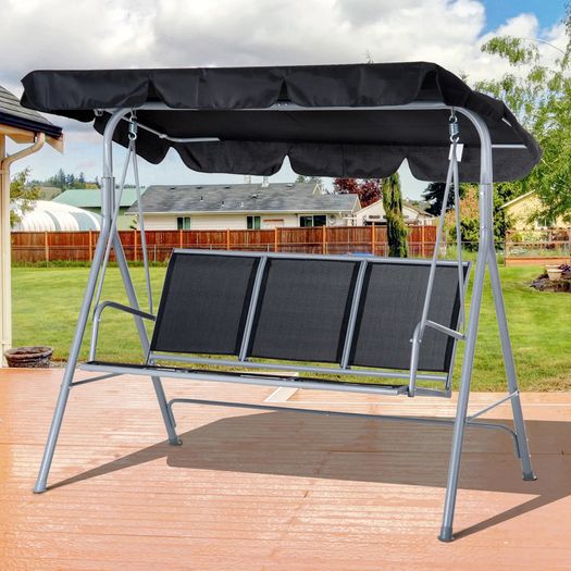 Metal Garden Swing Chair, 3-Seater Swing Seat, Patio Hammock Bench Canopy Lounger, Black
