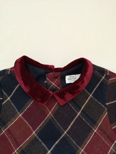 Zara BabyGirl Navy & Wine Check Dress with velvet collar