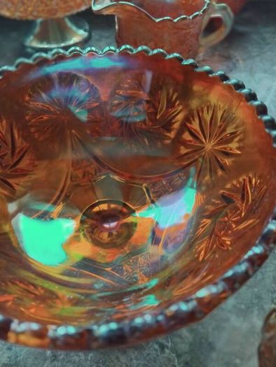 A Beautiful 2piece Carnival Glass Milk Jug And Sugar Bowl