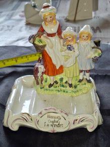 Beautiful Old Yardley English Lavender Porcelain Soap Dish featuring figures of a woman, children, and a dog