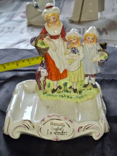 Beautiful Old Yardley English Lavender Porcelain Soap Dish featuring figures of a woman, children, and a dog