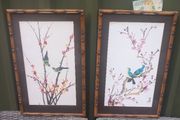 Bamboo style frames on hand painted birds on silk, stunning, collectible, signed. D18