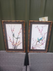 Bamboo style frames on hand painted birds on silk, stunning, collectible, signed. D18