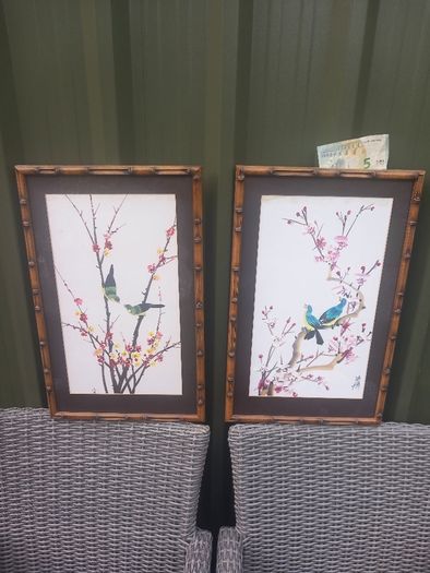 Bamboo style frames on hand painted birds on silk, stunning, collectible, signed. D18
