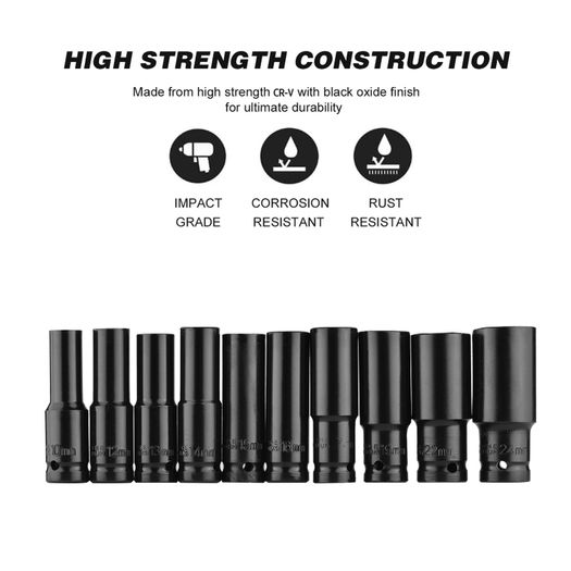 Socket wrench set, universal socket wrench set, deep-slot socket wrench set, pneumatic maintenance tool wrench 10 piece set