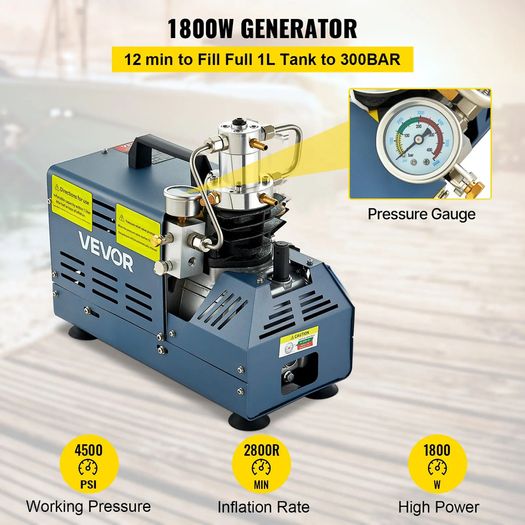High Pressure Compressor, 4500PSI/30MPA/300BAR High Pressure Air Compressor, 1800W 220V Manual Stop Air Rifle Compressor Suitable for Paintball Air Rifle, PCP Rifle, Air Pistol, Diving Bottle