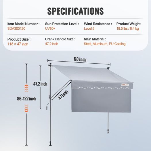 Balcony awning 3x1.2m folding arm awning height adjustable from 2.2 to 3.1m clam