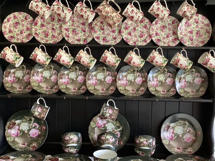 Large Black  Vintage Welsh Dresser With Rose China