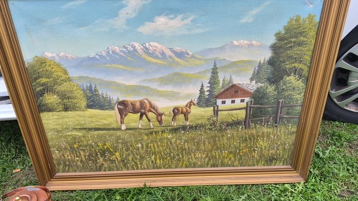 5 old antique painting 4 on canvas & 3 old copper kettles