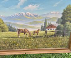 5 old antique painting 4 on canvas & 3 old copper kettles