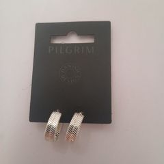 Pilgrim Danish Design Silver Tone Textured Ribbed Hoop Earrings New CAN POST