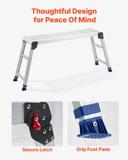 Folding Work Platform, Adjustable Height 584-876 mm, 1016 x 305 mm Aluminum Step Stool, 226.8 kg Load Capacity, Heavy Duty Non-Slip Platform Ladder