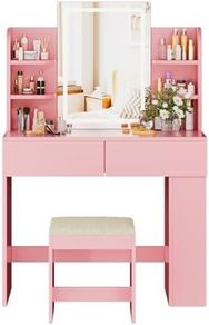 Dressing Table with Stool and Mirror, Dressing Table with LED Lighting with 3 Colours, Adjustable Brightness, Cosmetic Table with 2 Drawers, Open Compartments, Modern (Pink)
