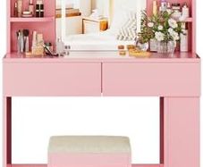 Dressing Table with Stool and Mirror, Dressing Table with LED Lighting with 3 Colours, Adjustable Brightness, Cosmetic Table with 2 Drawers, Open Compartments, Modern (Pink)