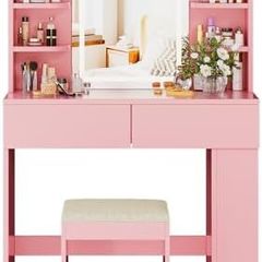 Dressing Table with Stool and Mirror, Dressing Table with LED Lighting with 3 Colours, Adjustable Brightness, Cosmetic Table with 2 Drawers, Open Compartments, Modern (Pink)