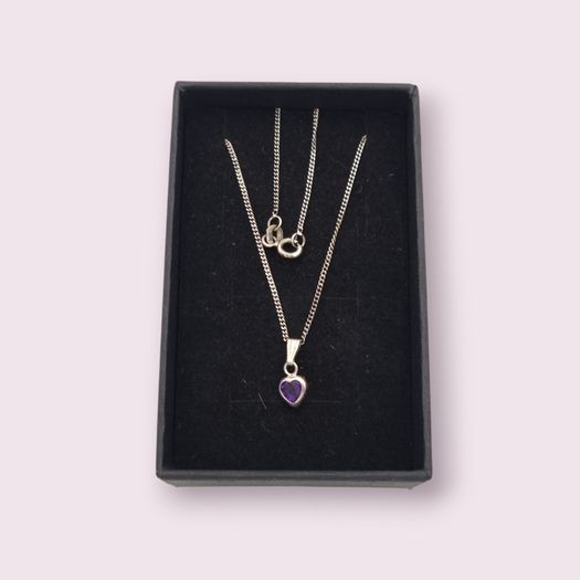 Tiny Amethyst Silver Heart On Italian Chain