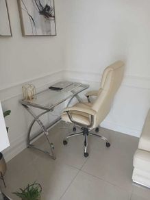Glass Computer desk & cream leather office chair