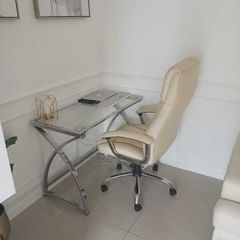 Glass Computer desk & cream leather office chair