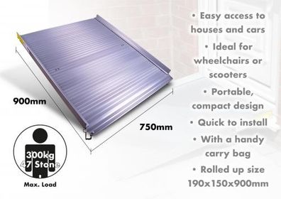 Folding portable aluminium ramp for wheelchairs, mobility scooters etc