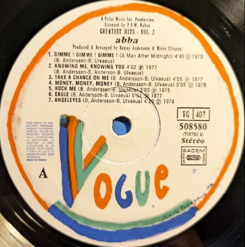 LP ABBA  Greatest Hits Vol. 2 - Vogue - 1979, French press.