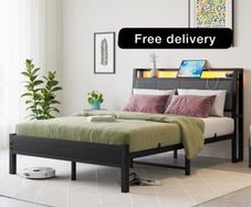 Double Bed Frame, Bed Frame Double with Charging Station and LED Lights