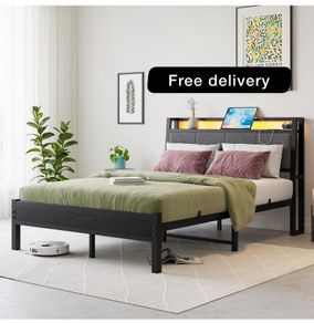 Double Bed Frame, Bed Frame Double with Charging Station and LED Lights